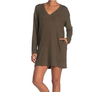 Socialite Sweater Dress V-neck Long Sleeve Olive Green